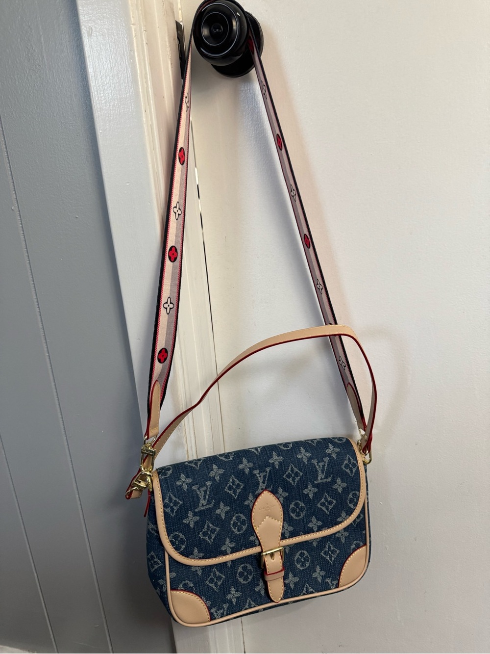 Designer-Inspired Blue Denim Crossbody Bag with Tan Trim